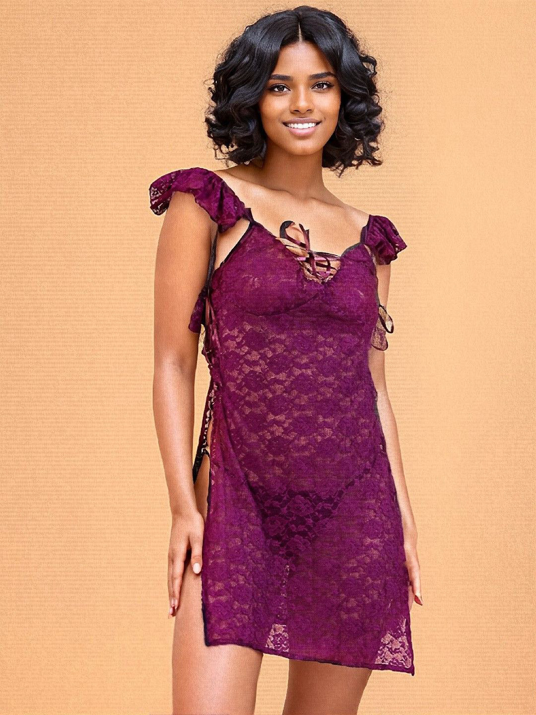 XENZA Women Self Design V-Neck Side Open Baby Doll