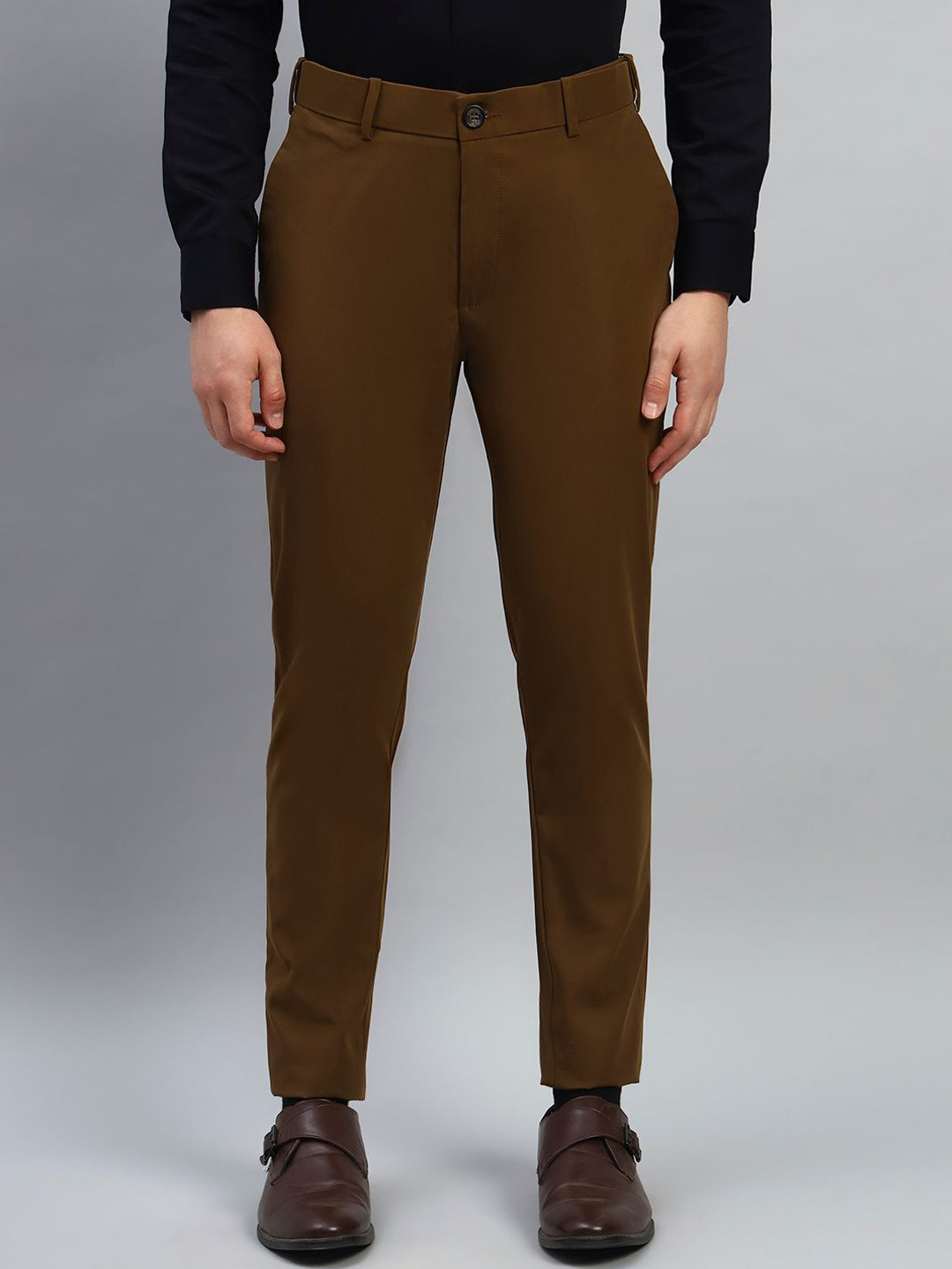 AXNIS Men Solid Slim Fit Wrinkle-Resistant Formal Trousers with Stretchable Waistband