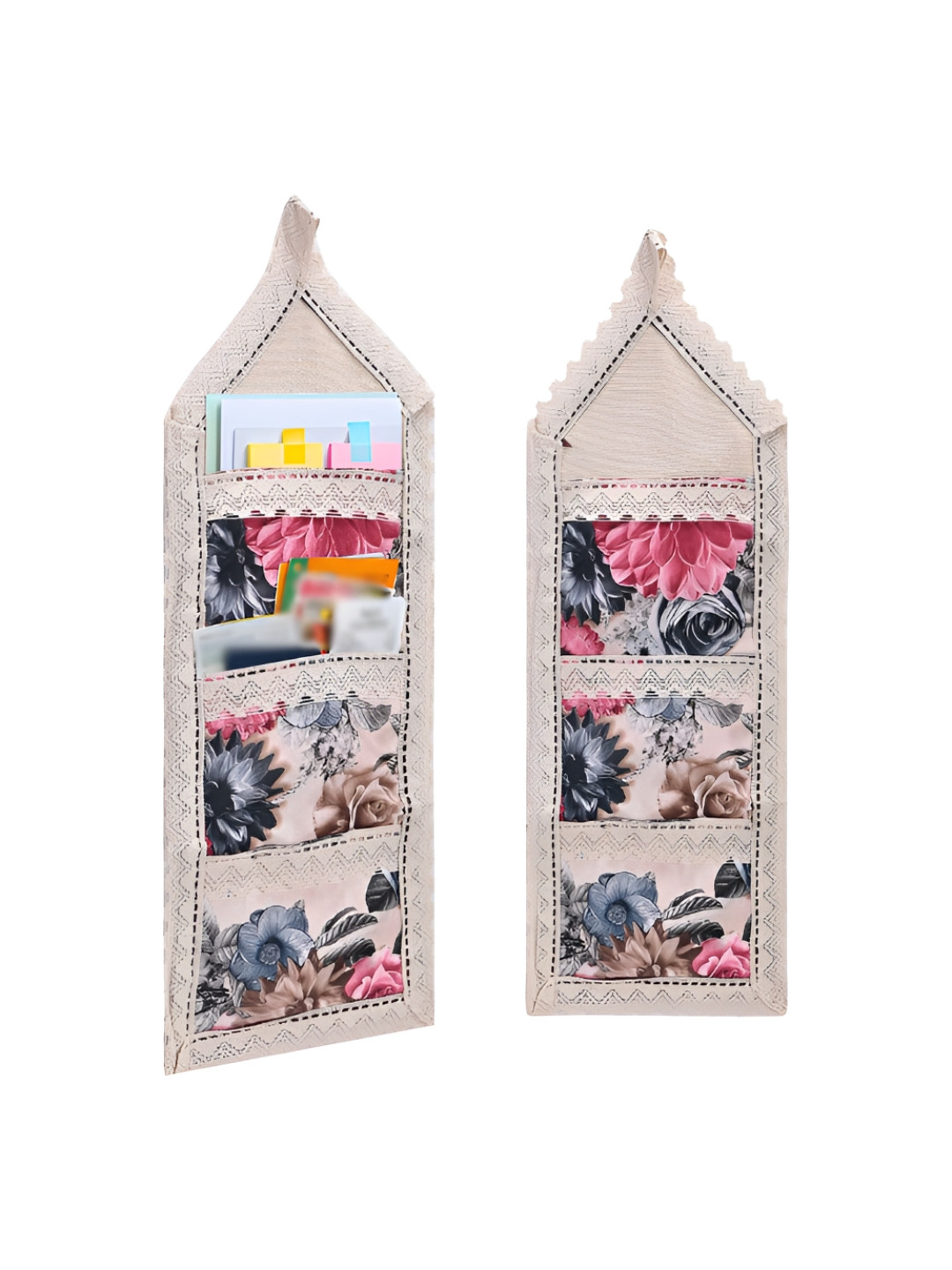 Aura Cream-Coloured 2 Pieces Printed Cotton Hanging Magazine Organisers With 3 Pockets