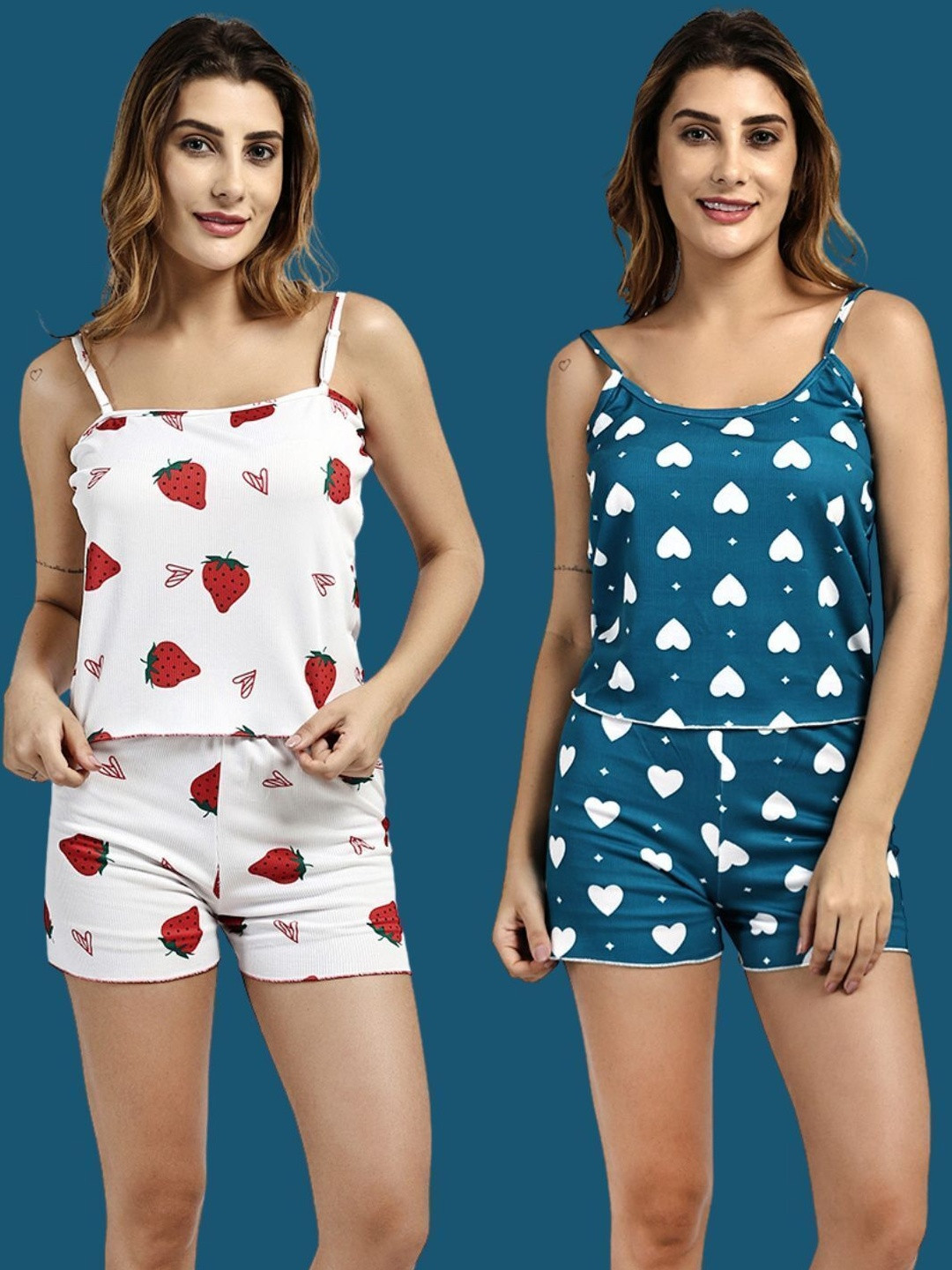 Clothus Women Blue Satin Printed Cami & Pyjamas Night suits