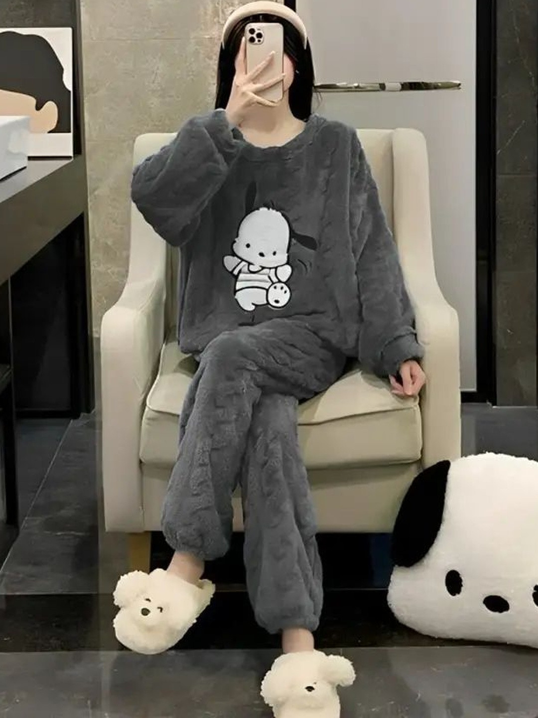 Stem Rope Women Grey Wool Blend Printed Night suits