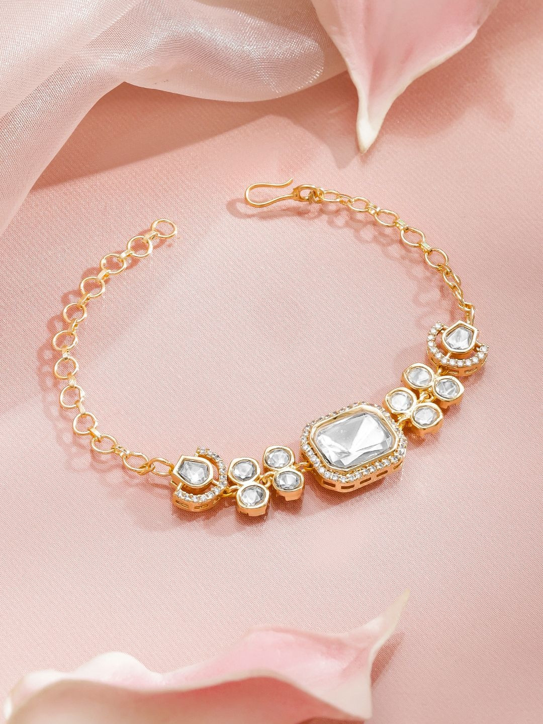 Rubans 22K Gold-Plated White Kundan & Cubic Zirconia Studded Adjustable Chain Bracelet