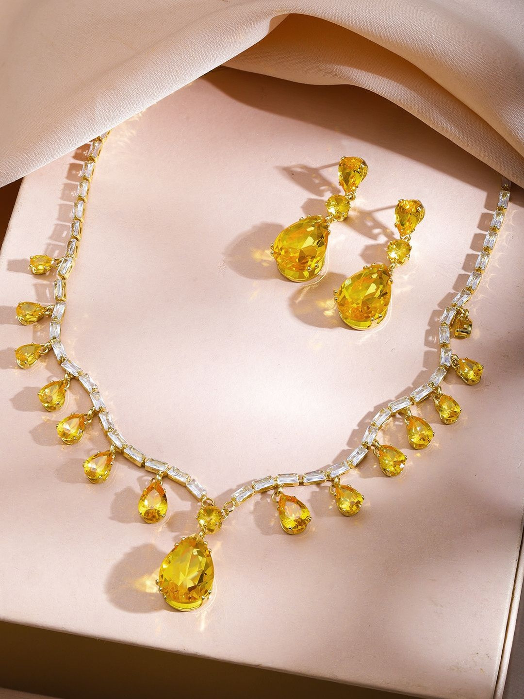 Rubans 22K Gold-Plated Crystal Yellow AD and Cubic Zirconia Studded Necklace Set