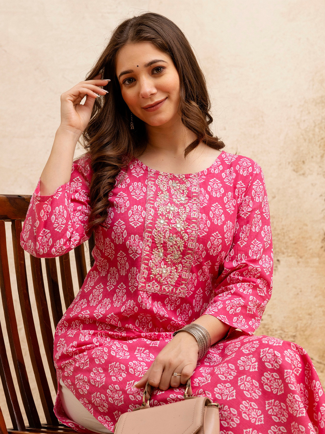 SURHI Floral Printed Mirror Work Round Neck Straight Pure Cotton Kurta