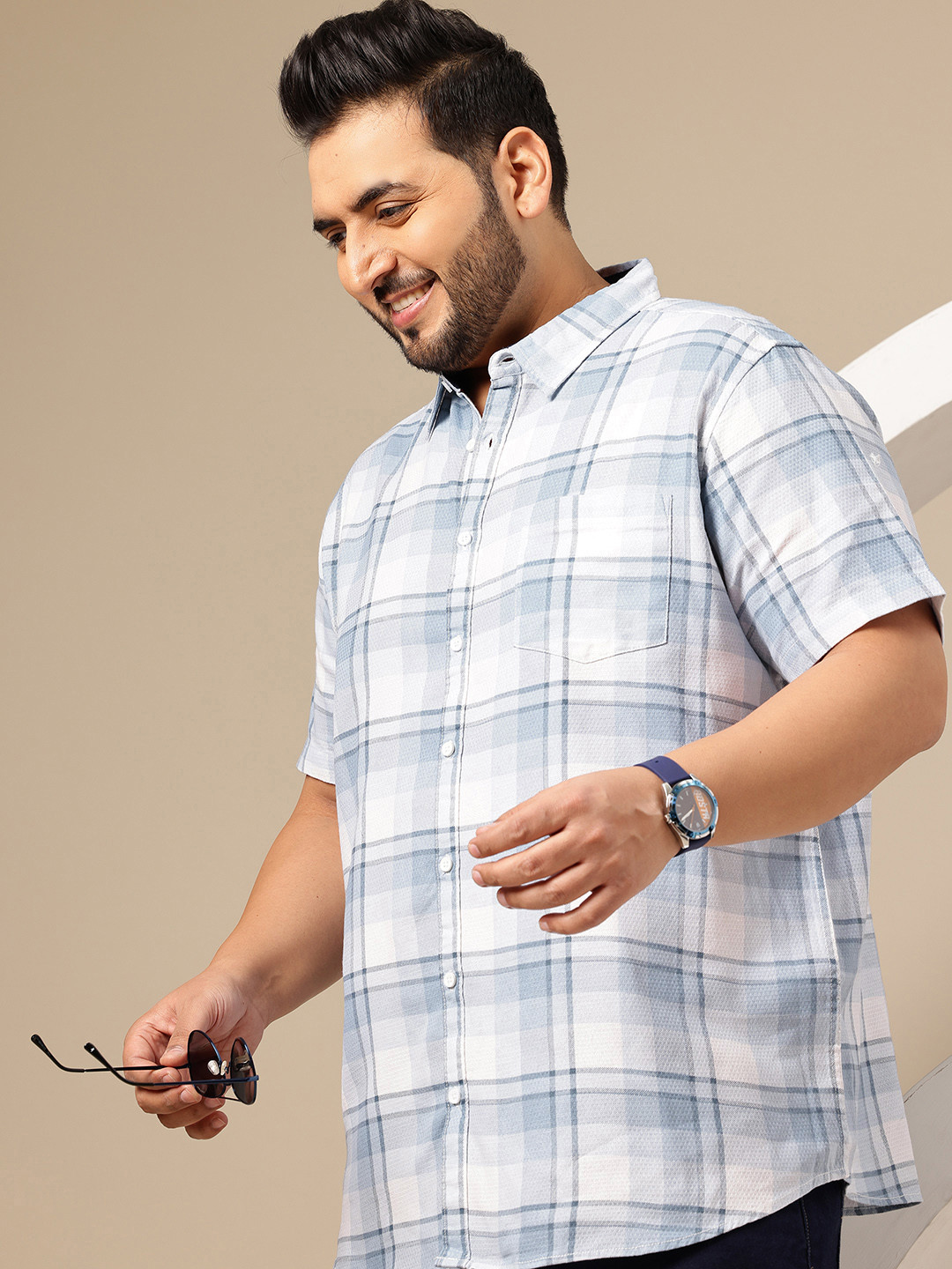 Sztori Plus Size Grid Tattersall Checks Cutaway Collar Pure Cotton Regular Fit Shirt