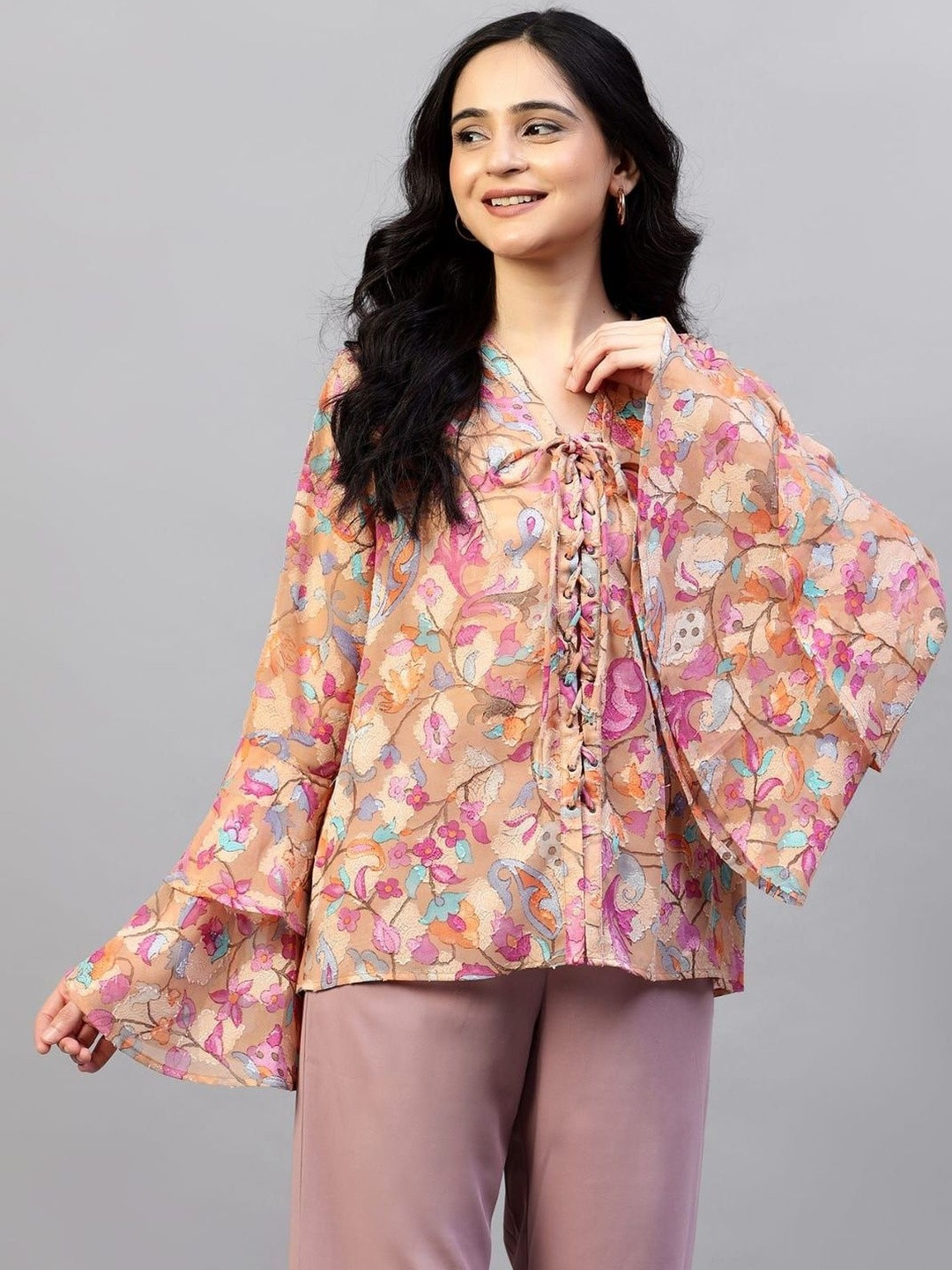 Fabricmode Women Floral Printed Bell Sleeve Tie-Ups Top