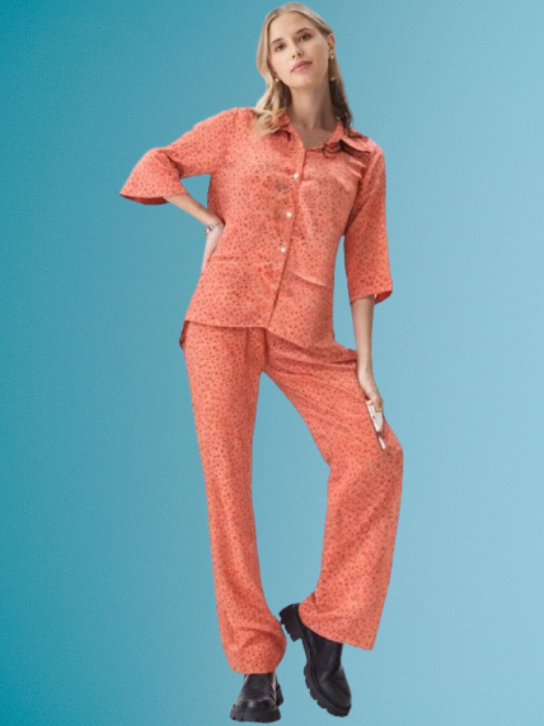 Clothus Geometric Printed Shirt Collar Satin Night suits