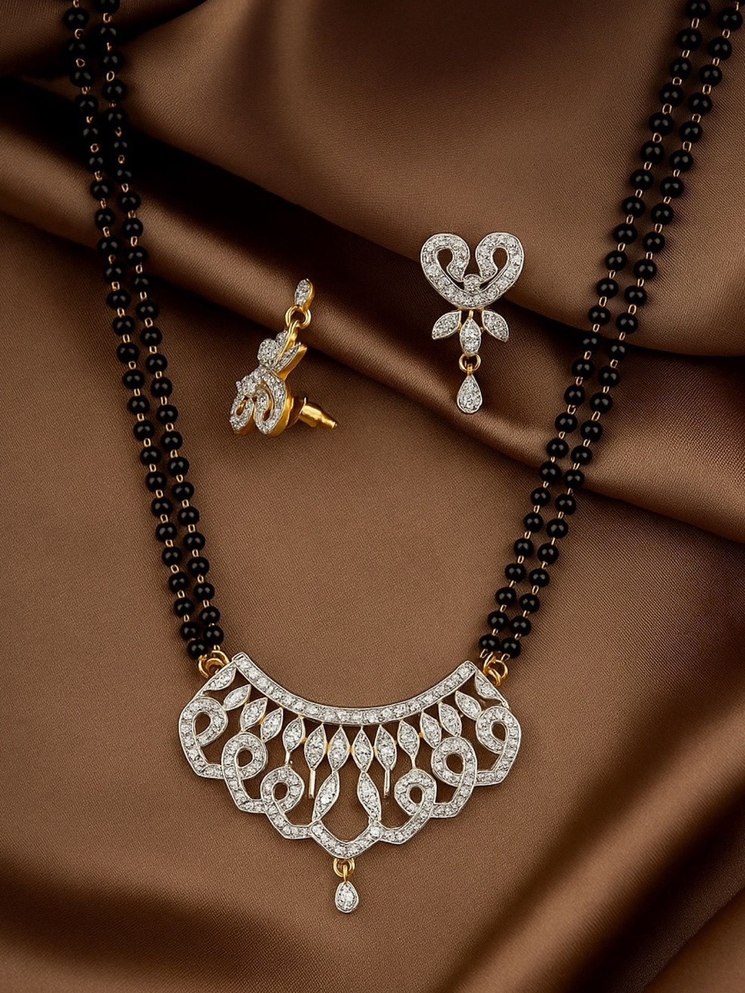 Digital Dress Room Gold-Plated AD Studded Curved Shaped Mangalsutra With Earrings