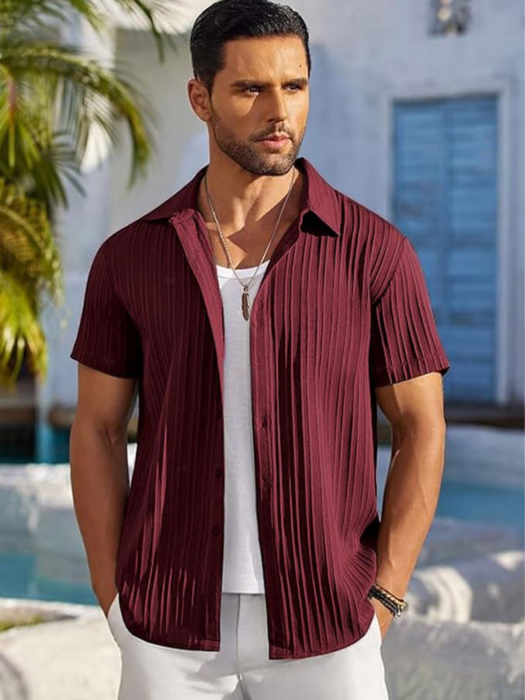 CB-COLEBROOK Men Textured Spread Collar Linen Casual Shirt