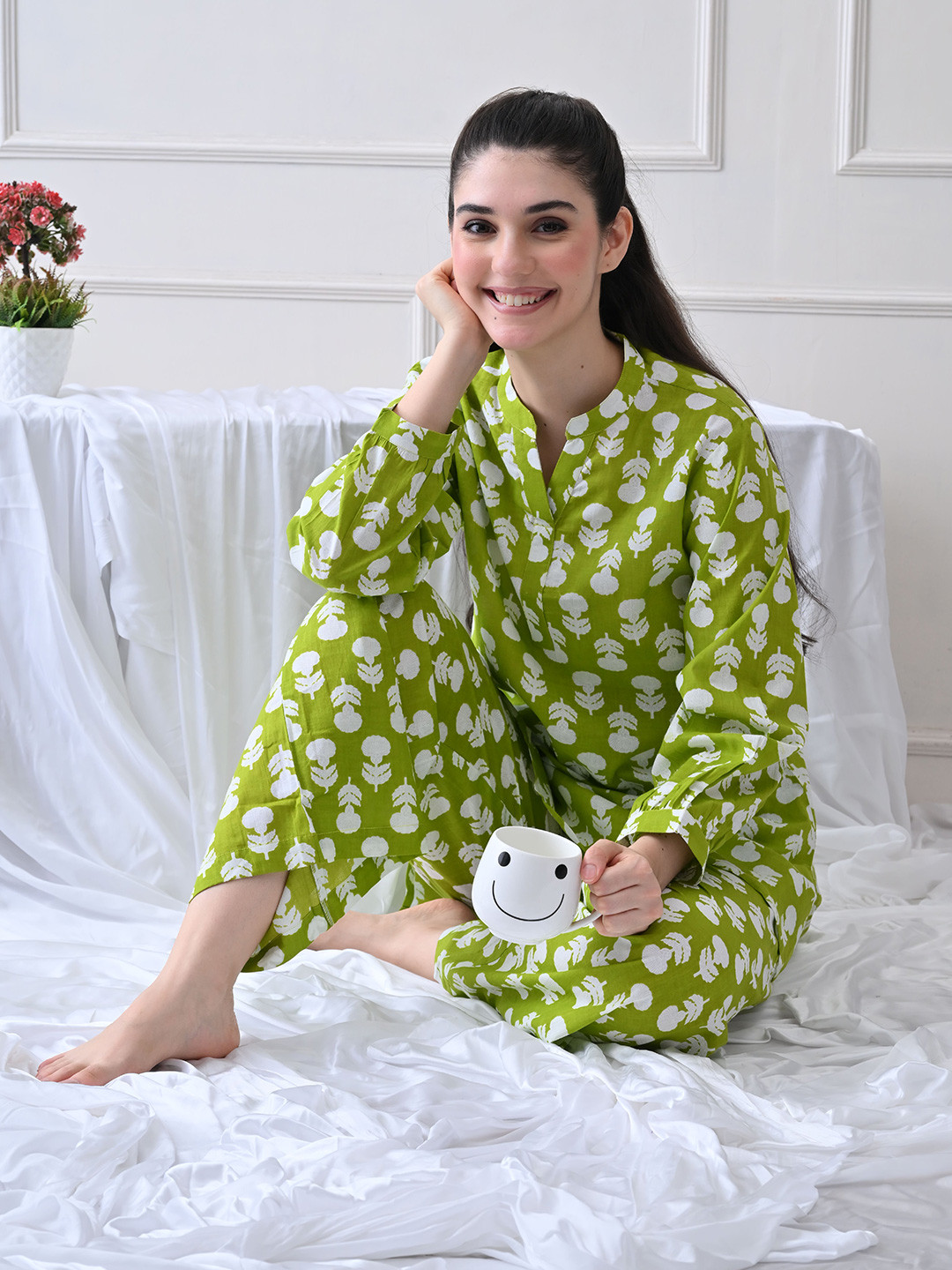 House of Comfort Women Printed Mandarin Collar Pure Cotton Night Suit