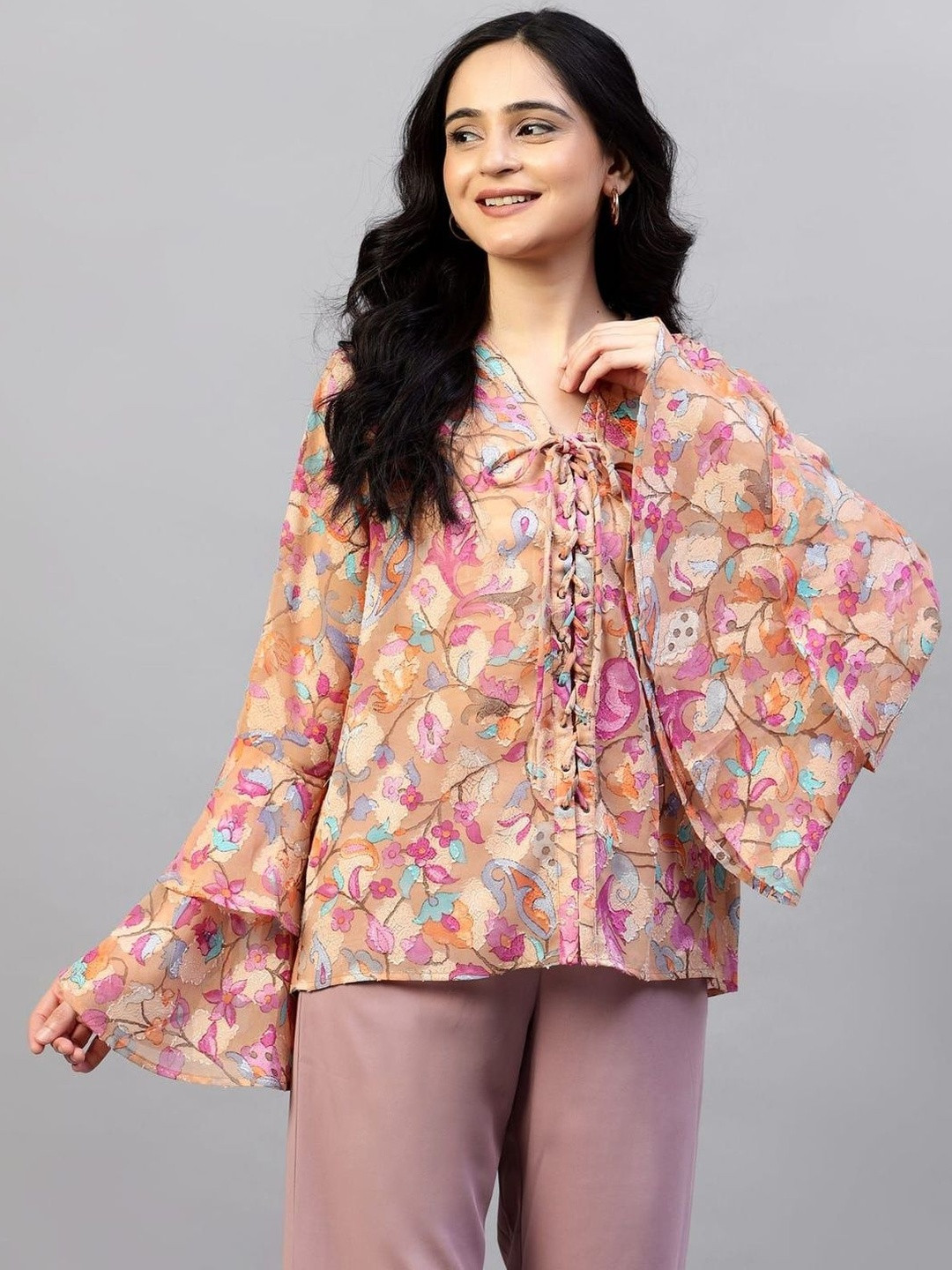 MENSIMPRESSION Floral Print Flared Sleeve Lace-Up Top