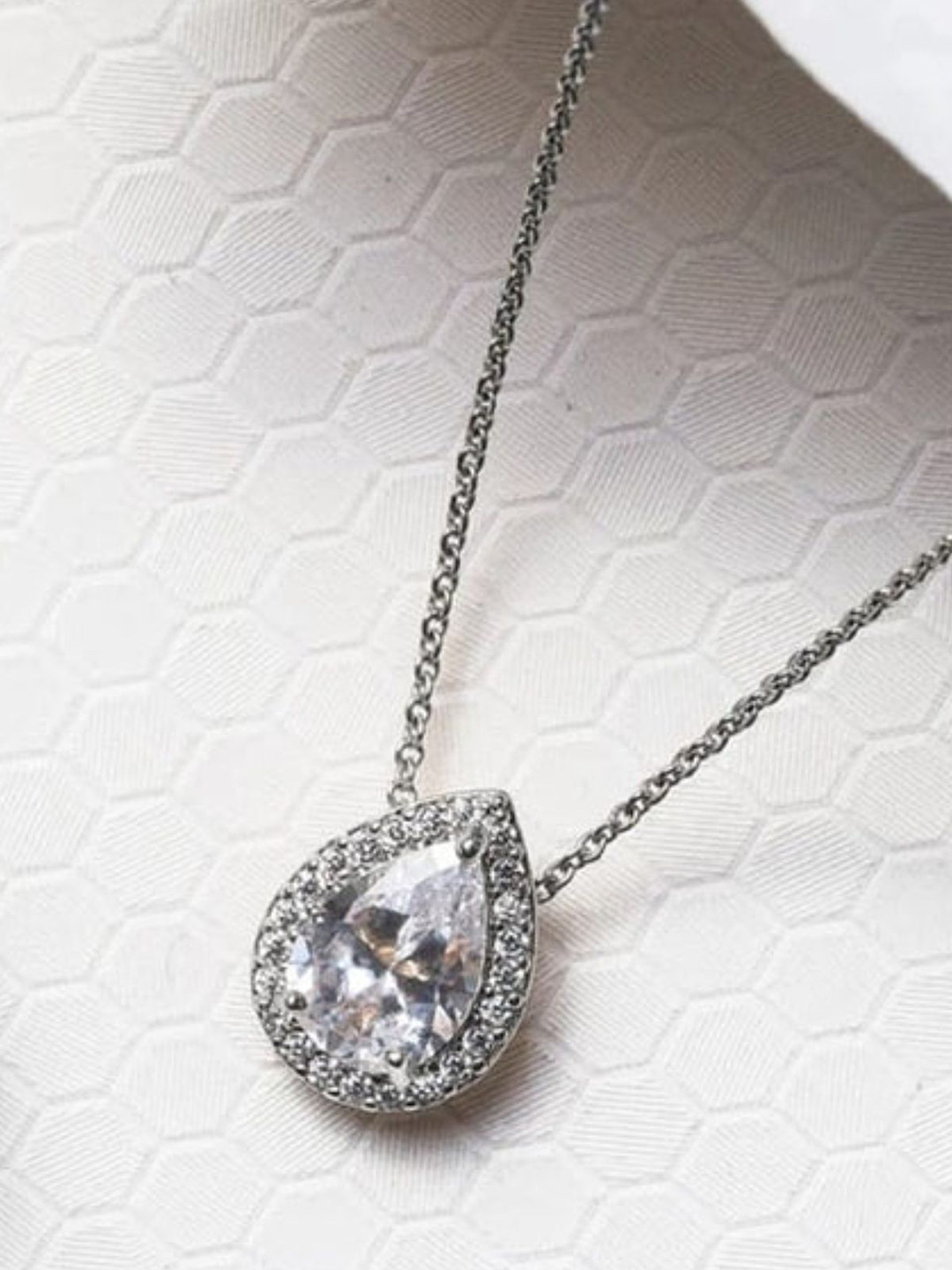 Zarkan Sterling Silver Rhodium Plated Cubic Zirconia Studded Teardrop Pendant With Chain