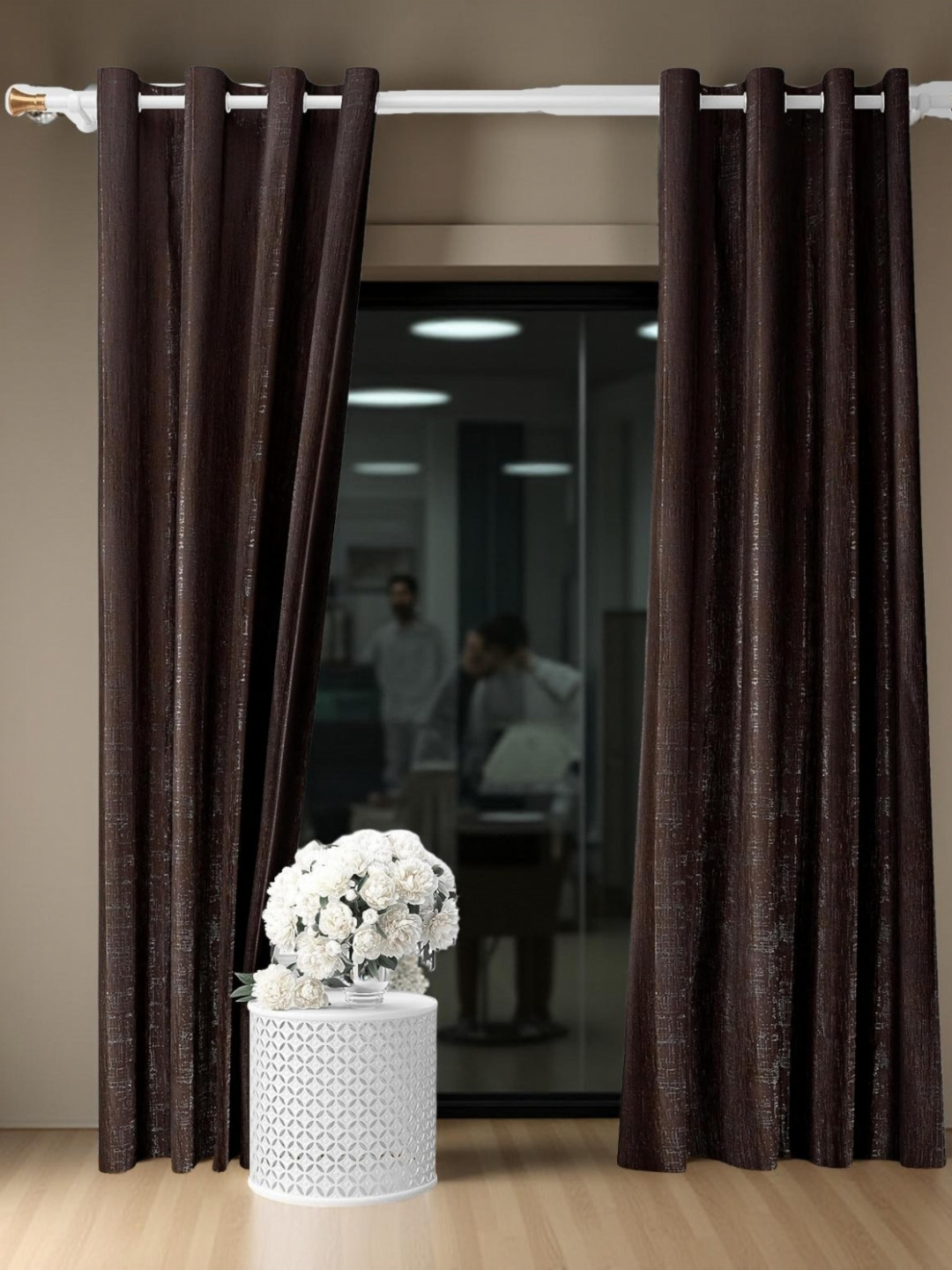 Aura Coffee Brown Self Design 2 Pieces Door Room Darkening Curtains