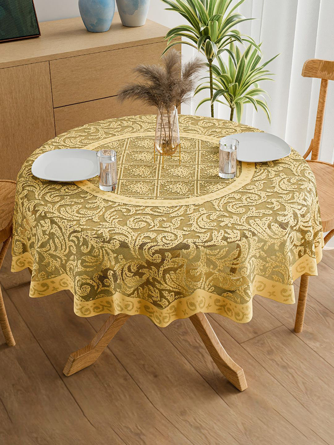 Kuber Industries Gold-Toned Printed Cotton Net Anti Skid Round 4-Seater Table Cover