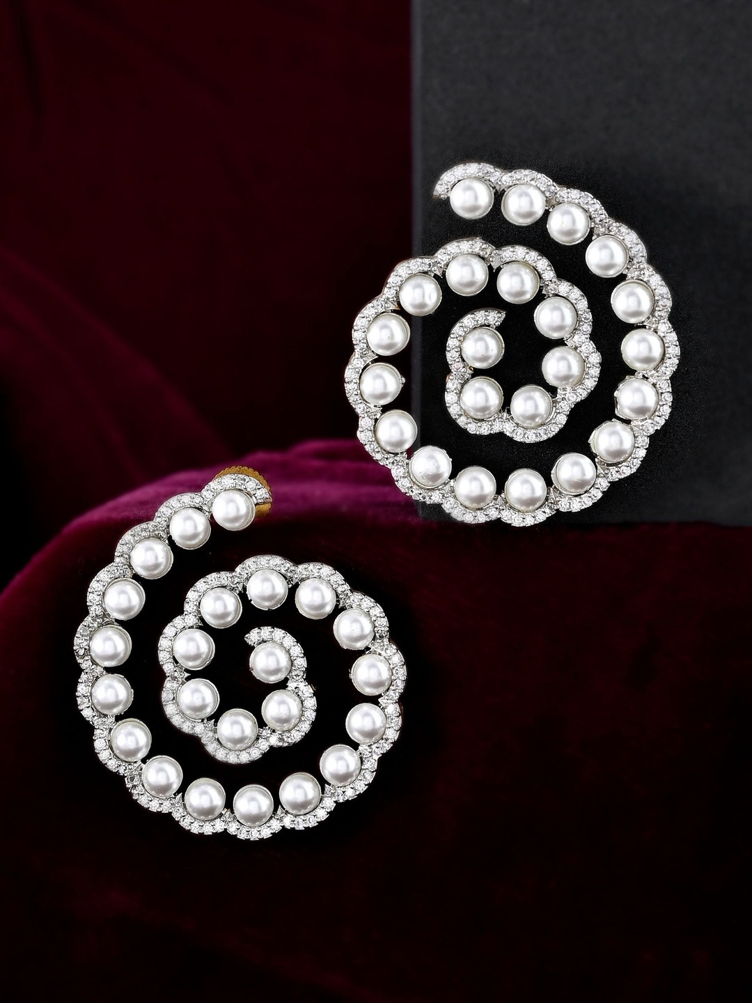 Richlook Rhodium-Plated Artificial Stone Studded And Pearls Beaded Sparrel Studs