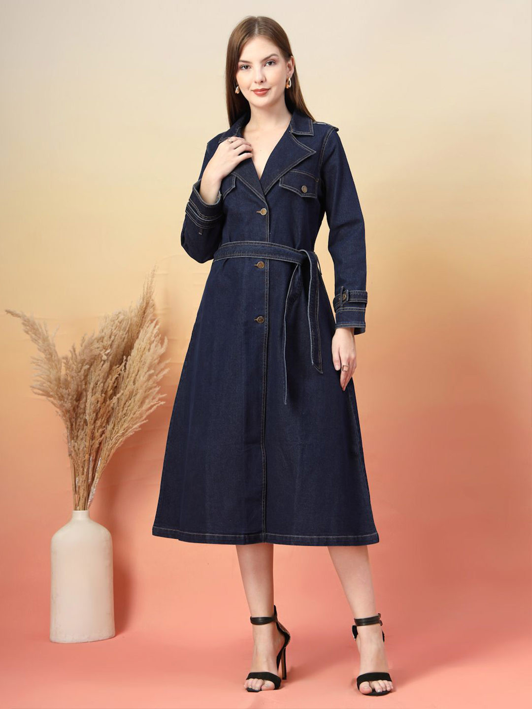 COSMIC TRIO Women Denim Shirt Midi Dress With Belted