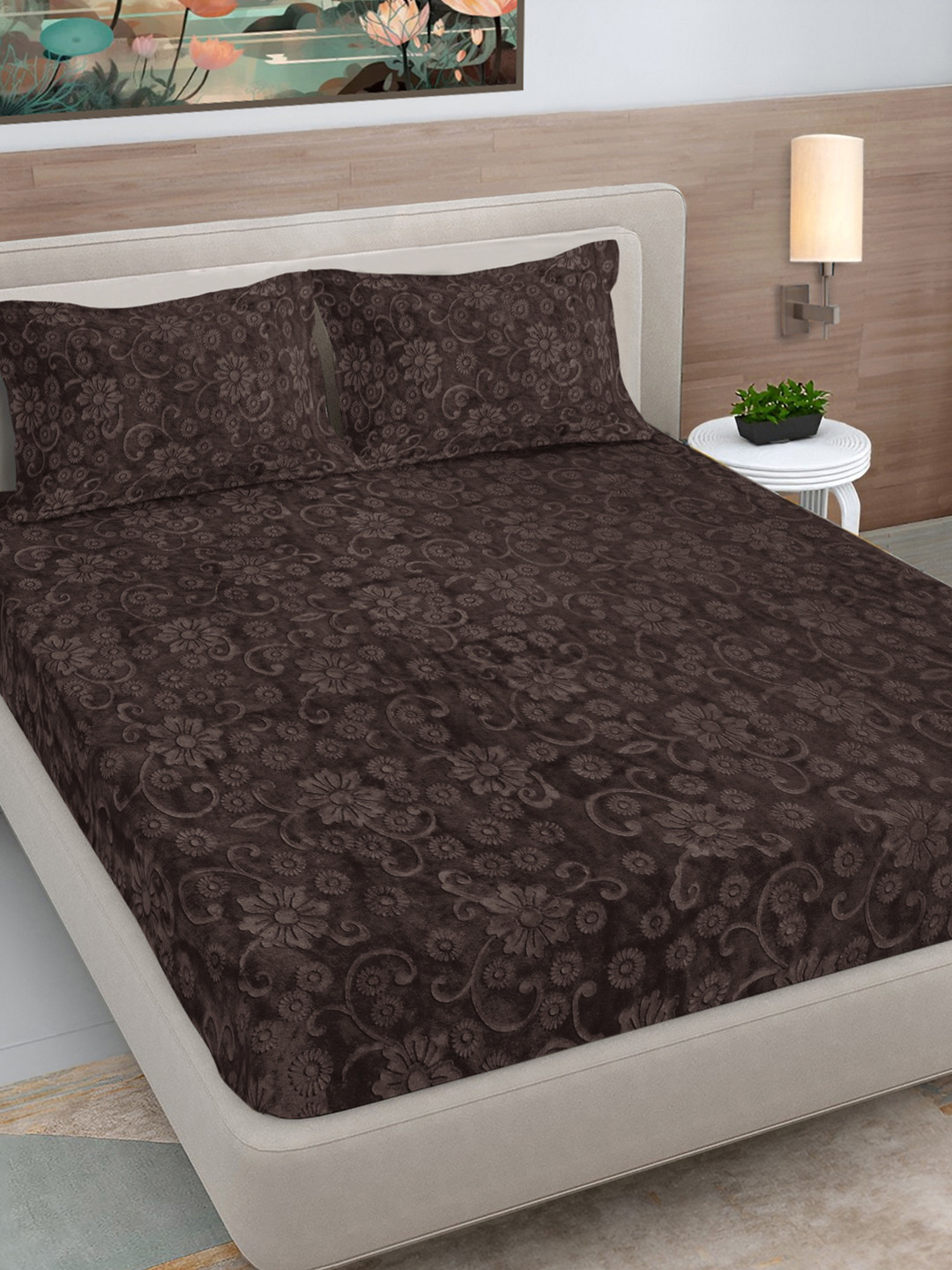 FABINALIV Coffee Brown Floral Wool 300 TC Fitted King Fine Bedsheet with 2 Pillow Covers-98 x 89 inches