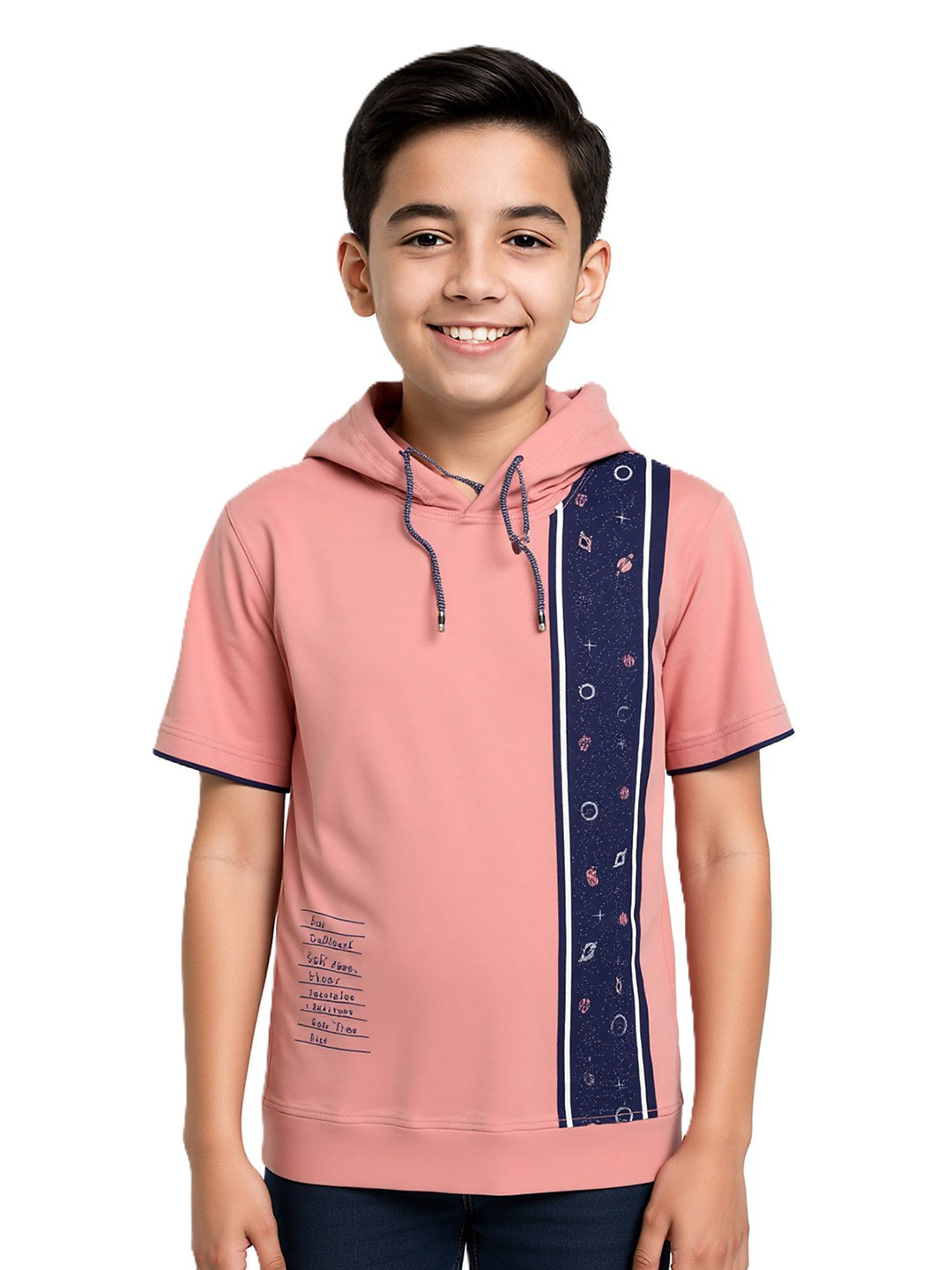 CAVIO Boys Rose Pink & Navy Blue Printed Hooded T-shirt