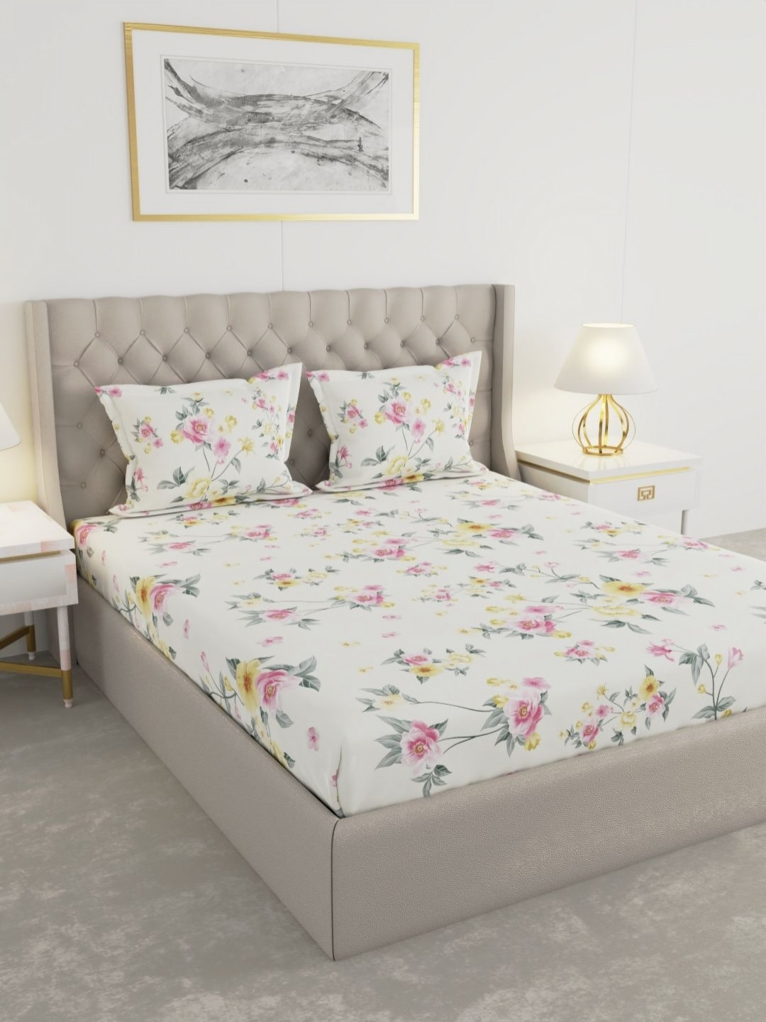 Raymond Home Off White & Pink Printed 100 TC Queen Bedsheet Set-2.25 m x 2.50 m