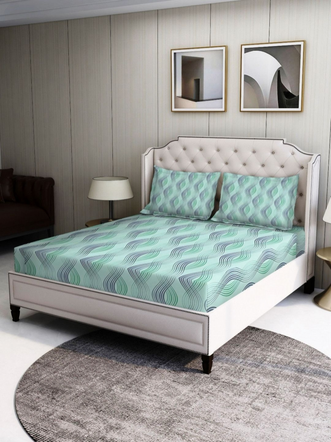 BOMBAY DYEING Green Geometric Printed Cotton 120 TC Single Bedsheet 2.24 M X 2.54 M Covers