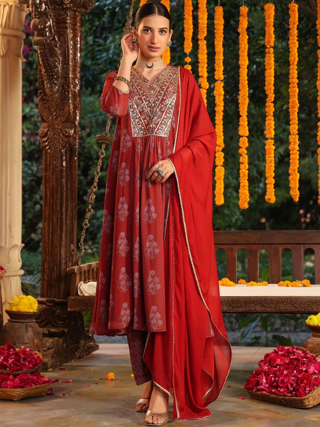 Janasya Women Maroon Georgette Yoke Embroidered Ajrakh Printed A-line Kurta Set