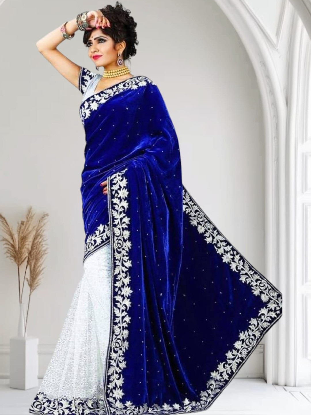fashion field Embellished Embroidered Velvet Beads and Stones Work Saree