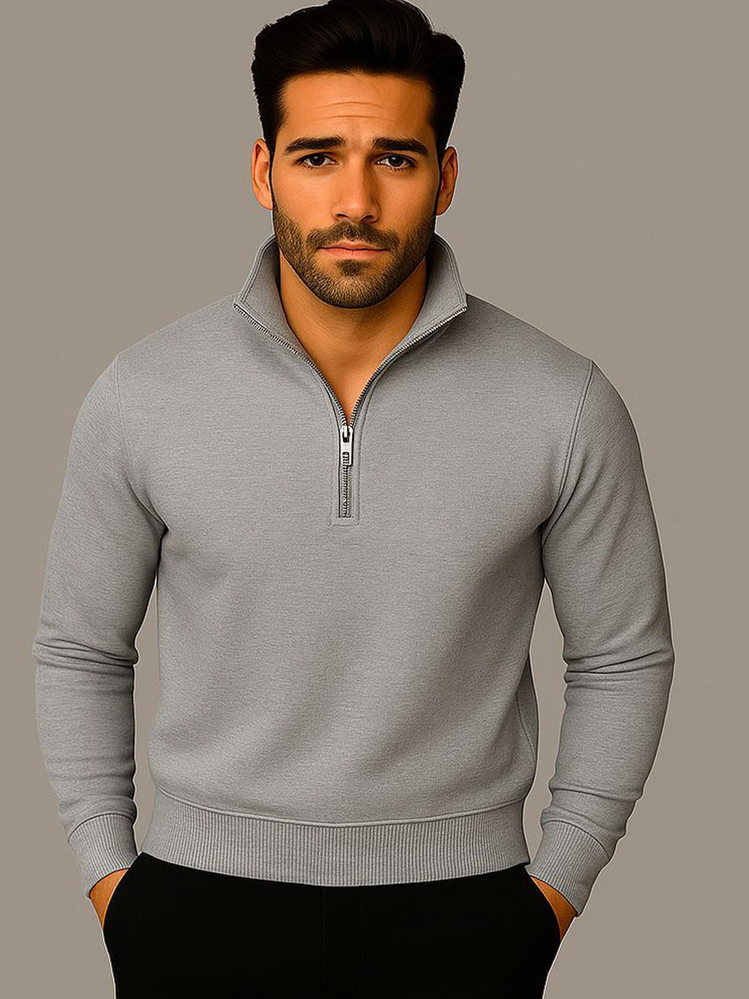 MACK JONNEY Men Half-Zip High Neck Long Sleeves Pullover Sweatshirt