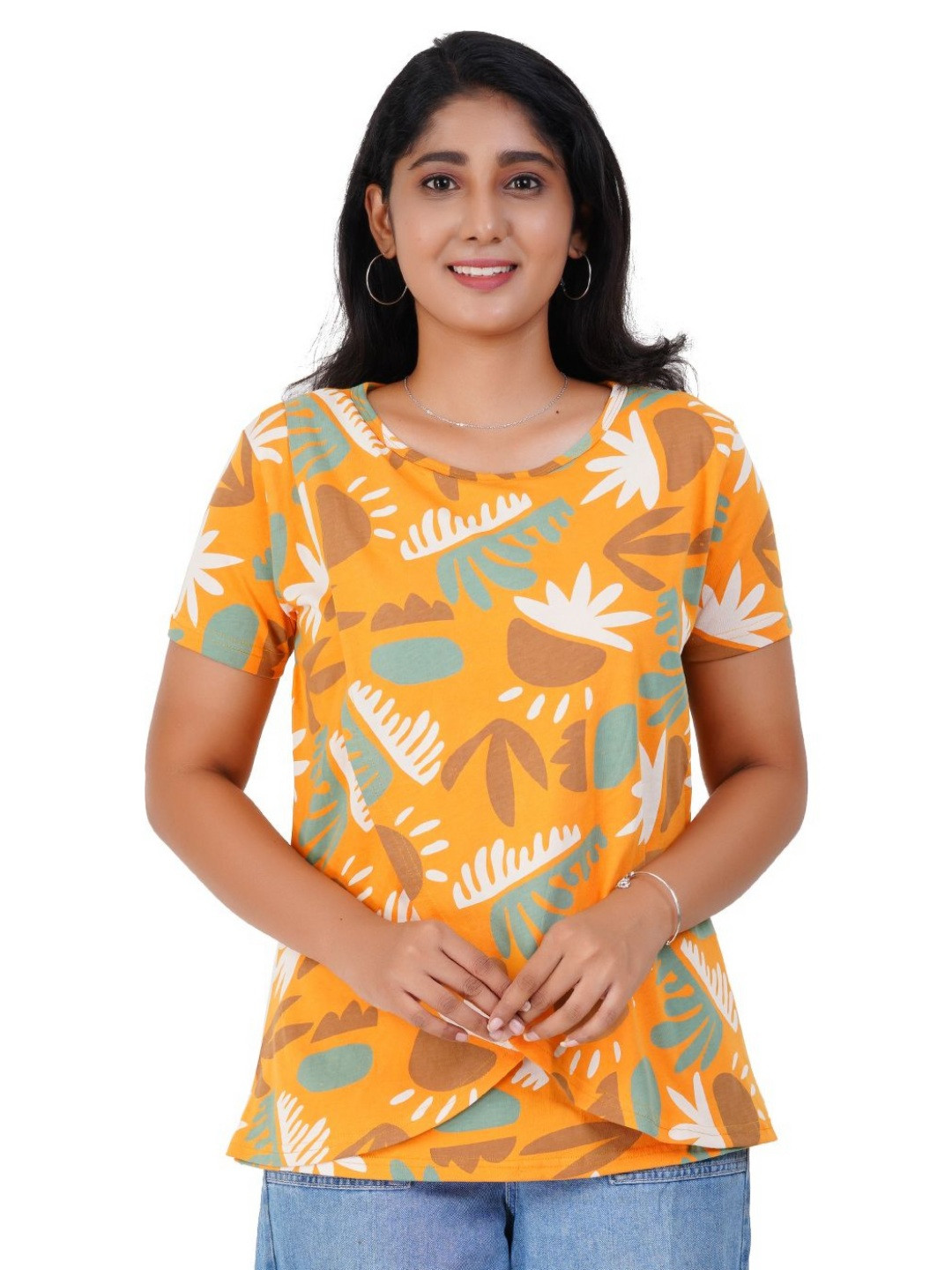 Modest Materna Women Floral Printed Round Neck Cotton Relaxed Fit T-shirt