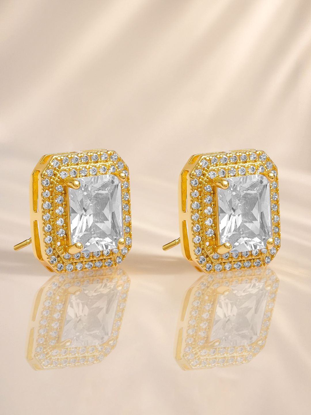 Rubans 18K Gold-Plated Brass Crystal AD Studded Rectangular Halo Statement Stud Earrings