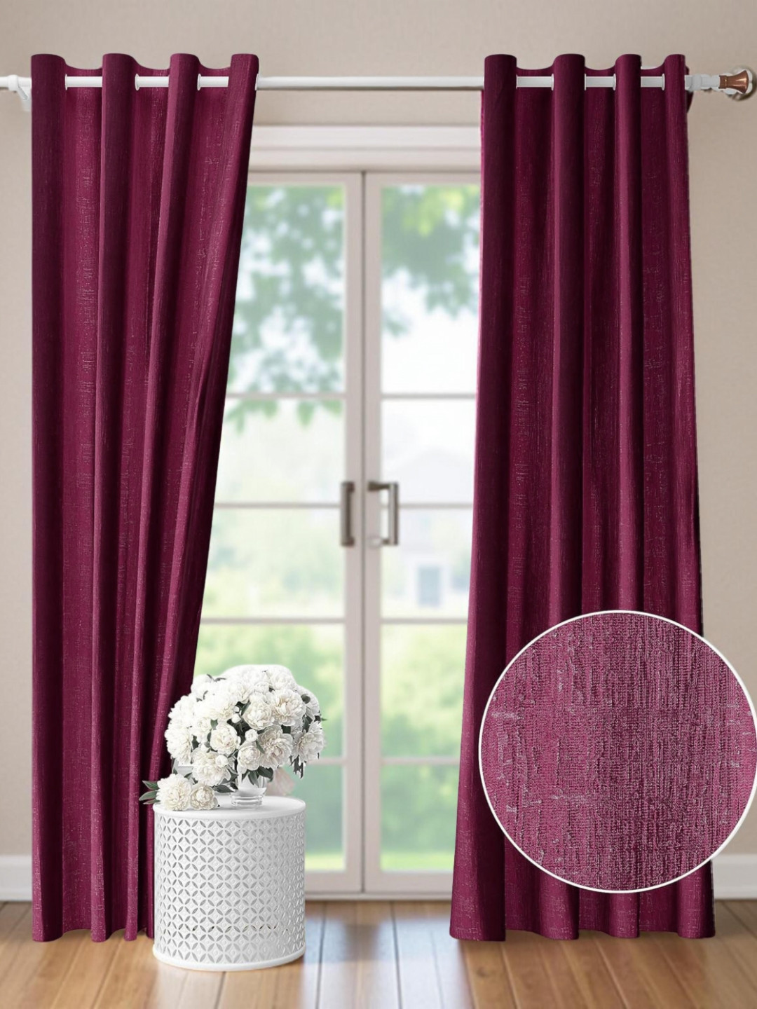 Aura Magenta Self Design 2 Pieces Long Door Room Darkening Eyelet Curtain