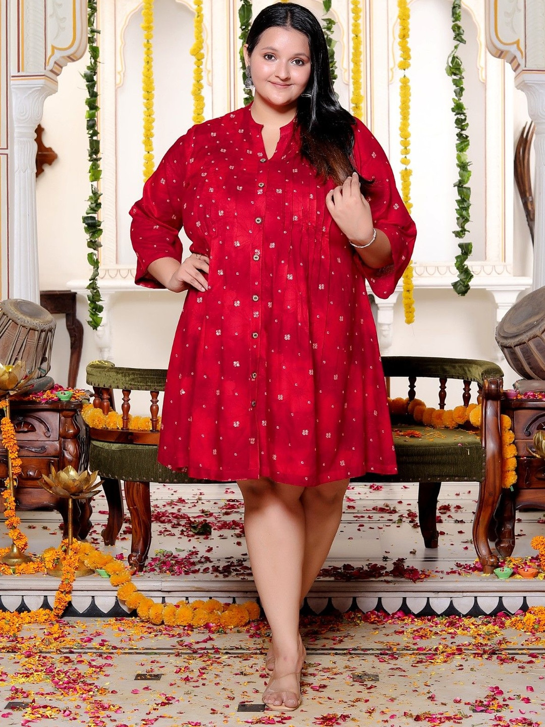 KALINI Women Red Golden Dots Cotton Plus Size Print Fit & Flare Dress