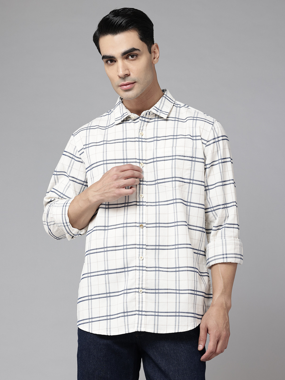 Sand Dunes Grid Tattersall Checks Pure Cotton Slim Fit Corduroy Shirt
