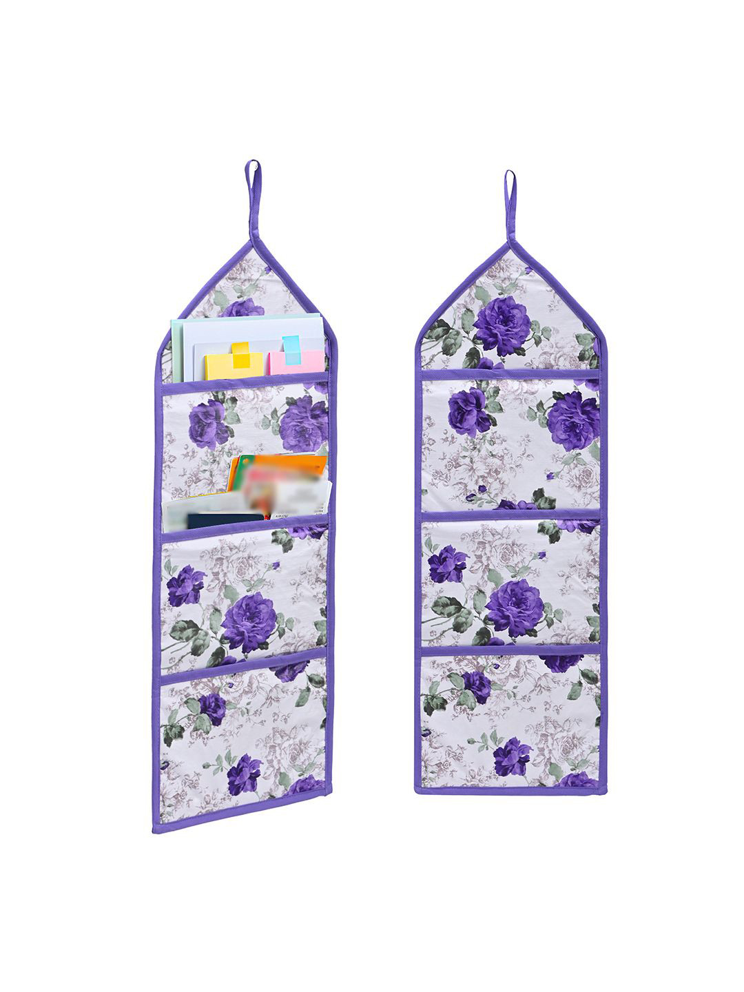 Kuber Industries Purple & White 2 Pieces Printed Wall Hanging Document Bag With 3 Pockets