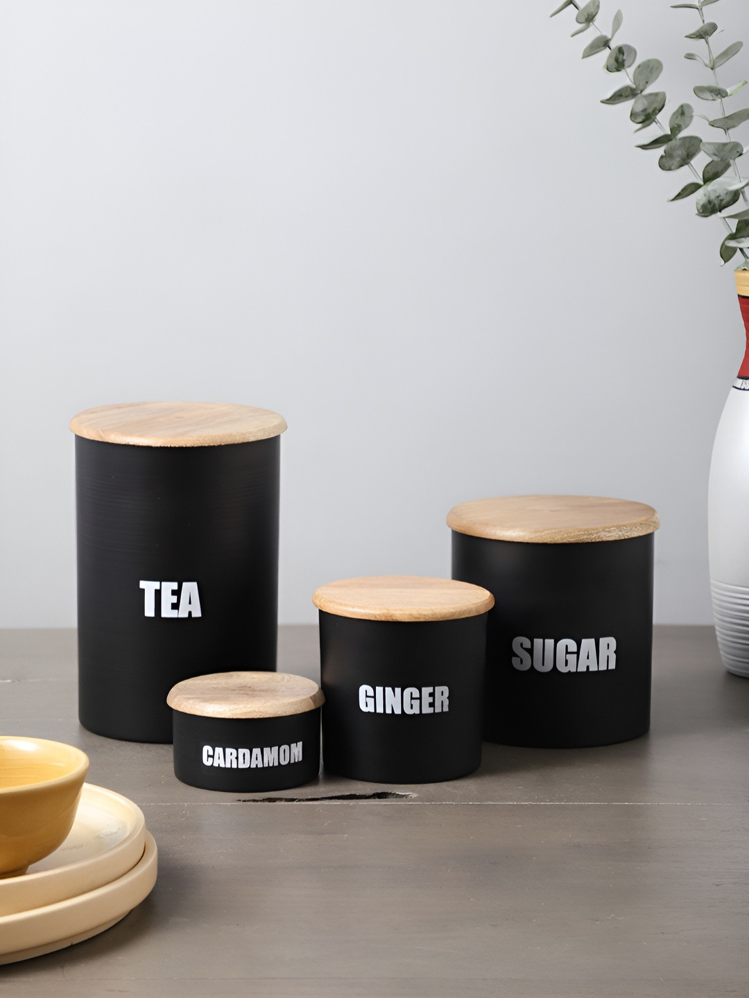 VarEesha 4 Pieces Typography Printed Black 2025 Metal Air Tight Canister Container