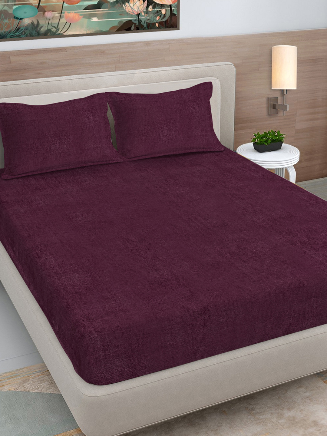 FABINALIV Burgundy Wool 300 TC Fitted King Fine Bedsheet with 2 Pillow Covers-98 x 89 inches