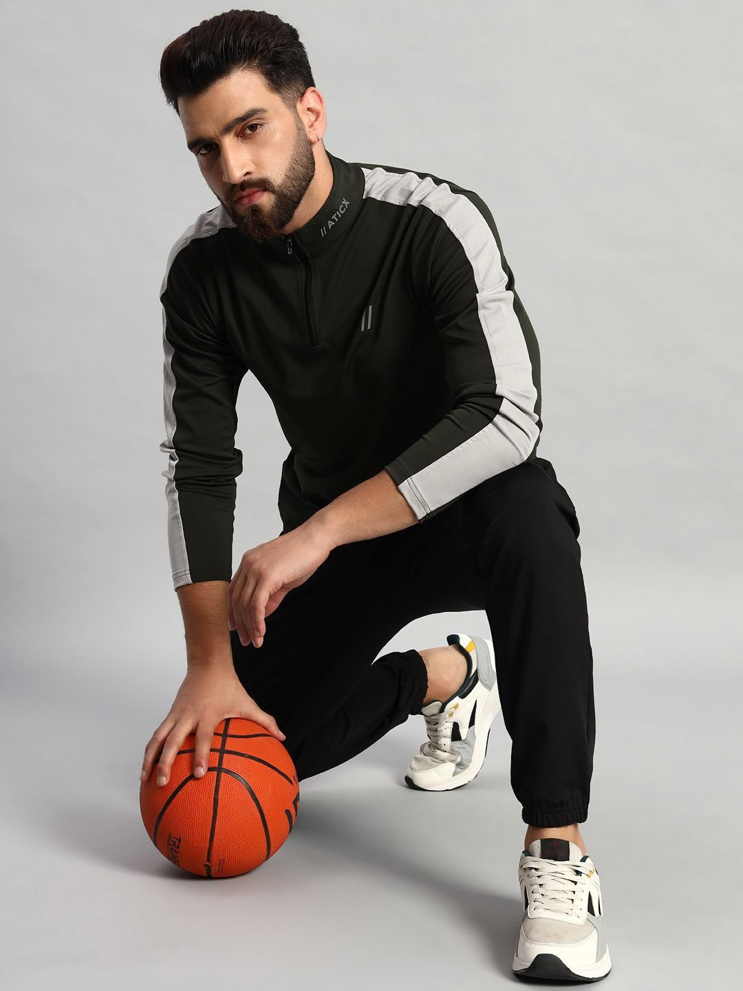 ATICX Men Brand Logo Striped High Neck Compression T-shirt