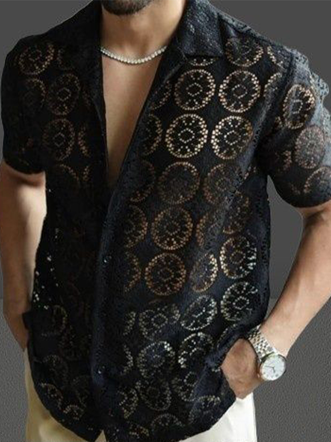 Lunice Men Modern Fit Textured Cuban Collar Cotton Casual Shirt
