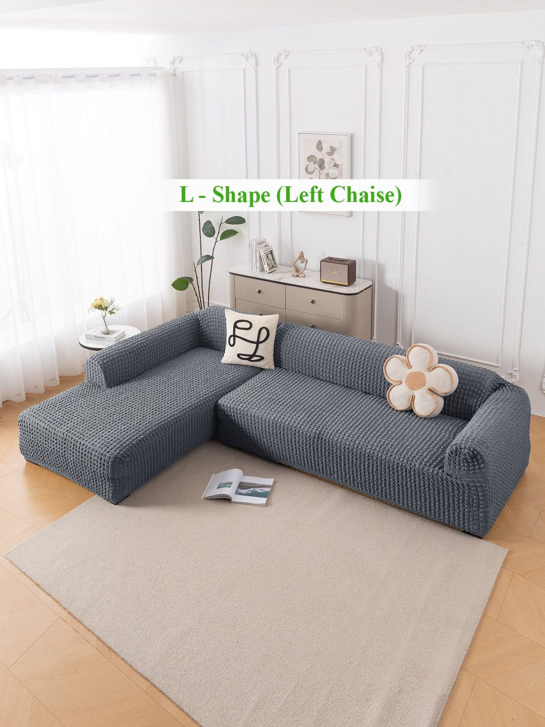 HOKIPO Grey 2 Pieces 280 GSM L Shape 6 Seater Anti Slip Sofa Cover With Arms