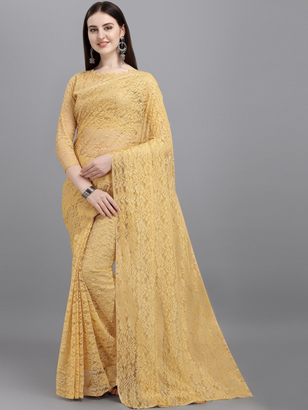 fashion field Floral Embroidered Net Saree With Blouse Piece