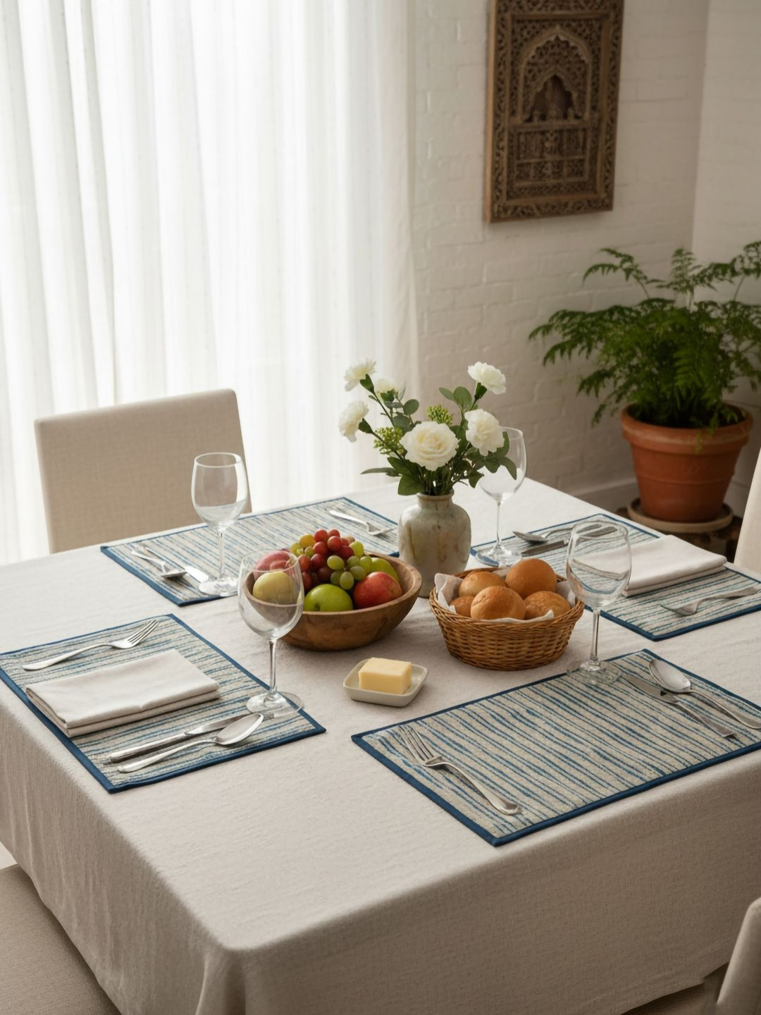 DESIGN GAATHA Blue & Beige 6 Pieces Striped Linen Table Placemats