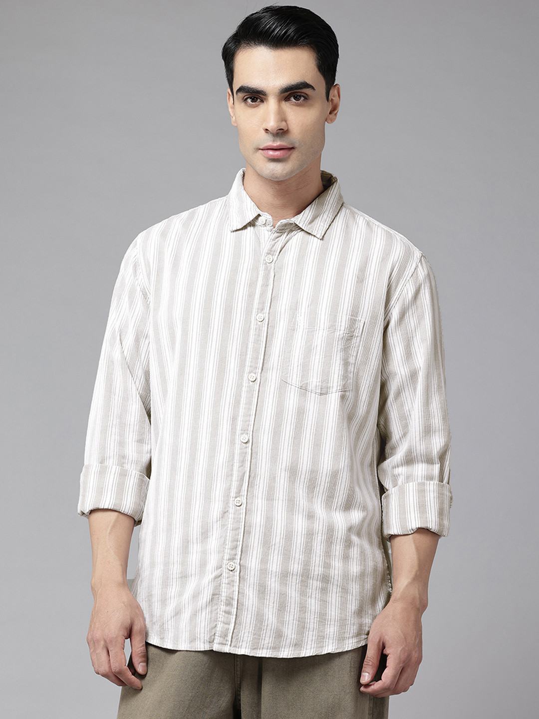 Sand Dunes Vertically Striped Pure Cotton Slim Fit Corduroy Shirt