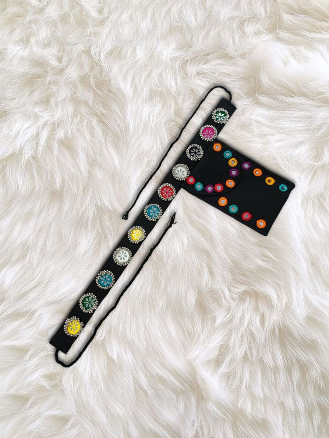 Niddleman Women Embroidered Fabric Belt with Matching Sling Pouch