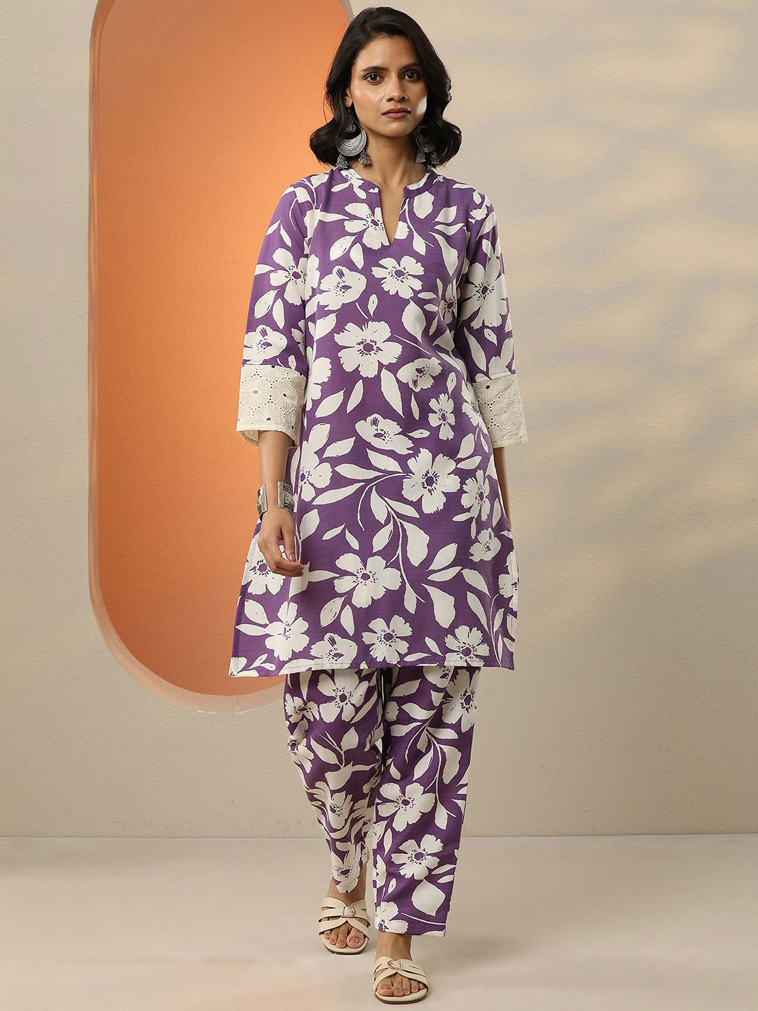Libas Floral Printed V-Neck Pure Cotton Tunic With Trousers
