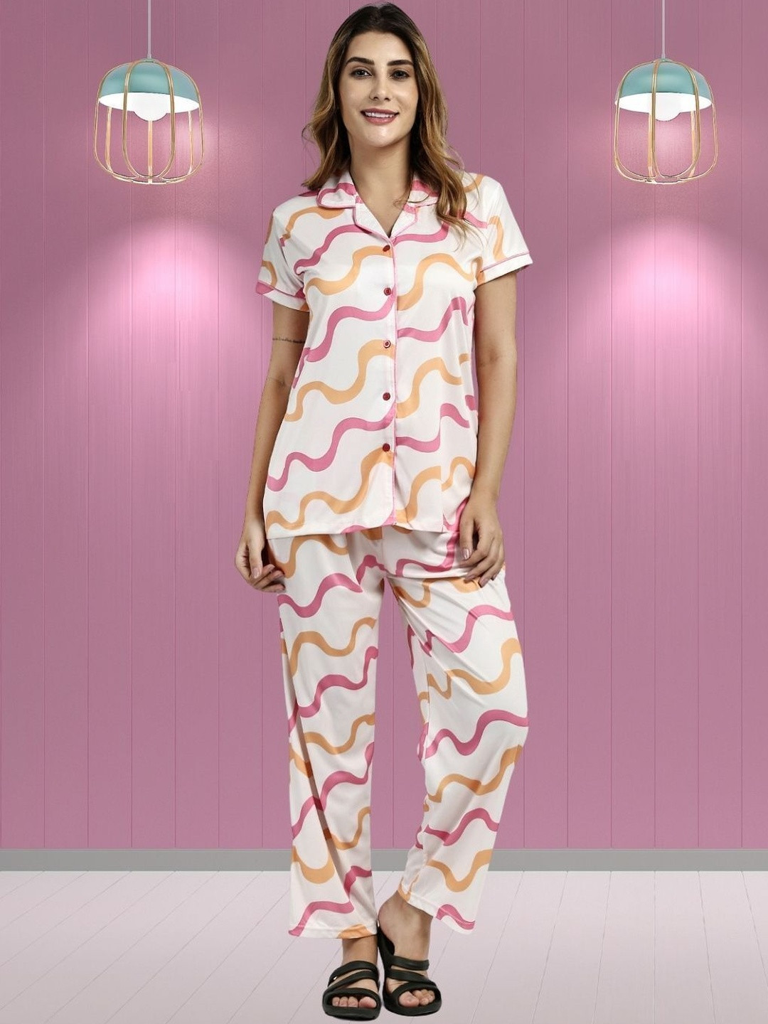 Clothus Abstract Printed Lapel Collar Satin Shirt With Pyjamas