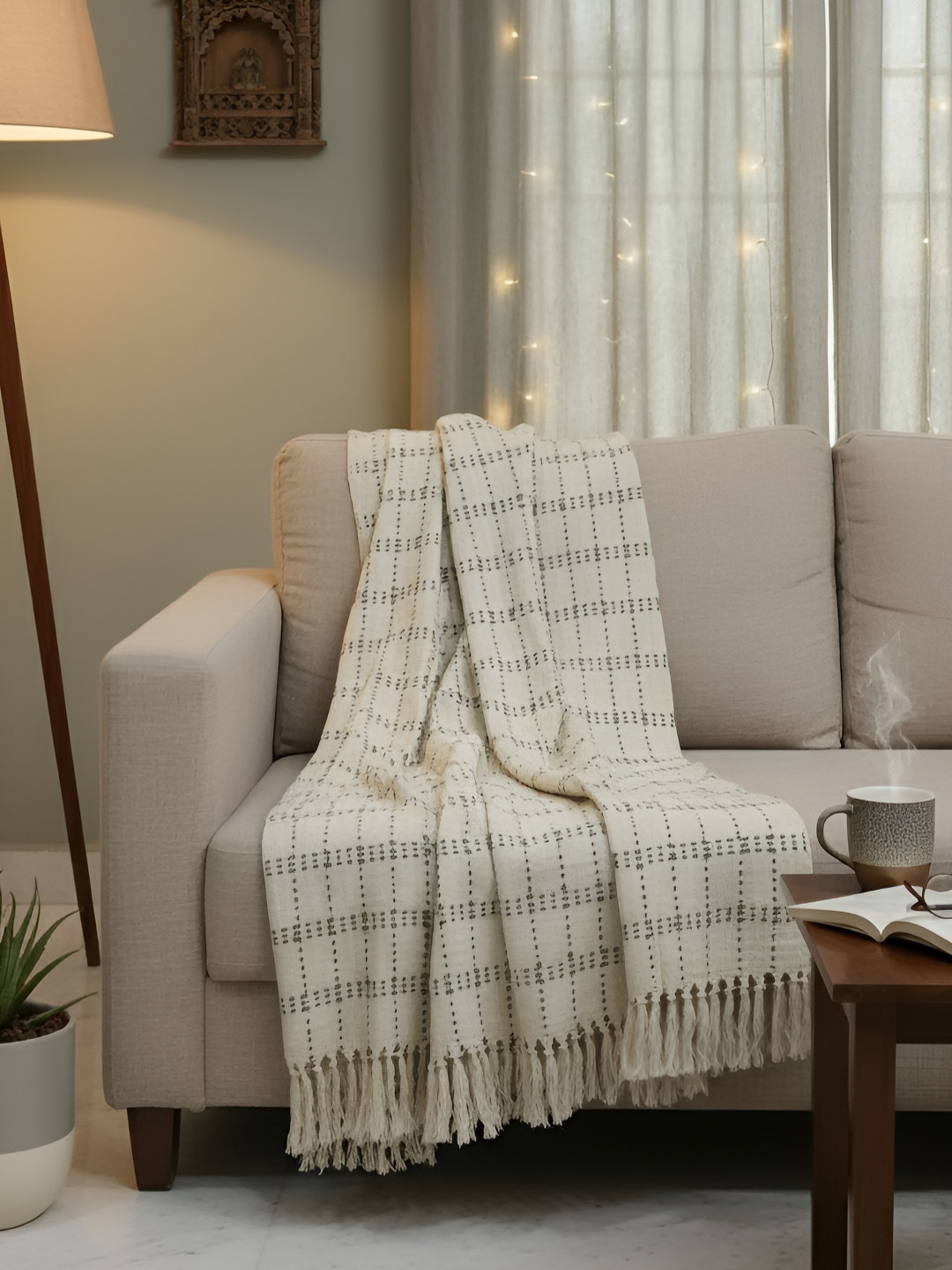 DESIGN GAATHA Cream & Charcoal Hand Woven Cotton Sofa Throw