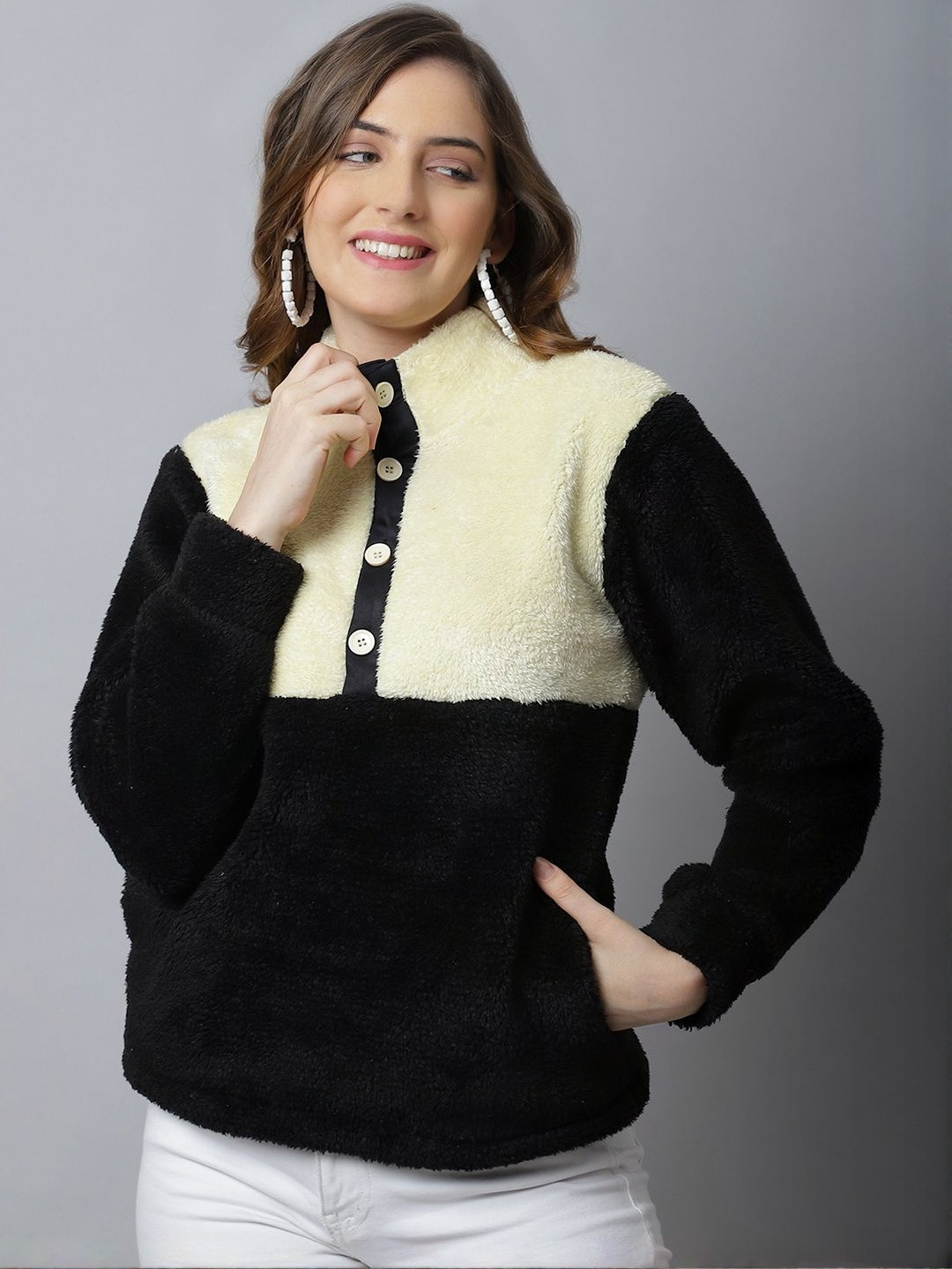 CORSICA Women Half Button Placket Long Sleeves Faux Fur Pullover Sweater