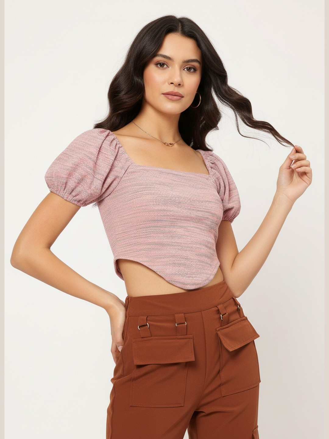 DressBerry Elevated Basics Textured Knit Smocked Crop Top