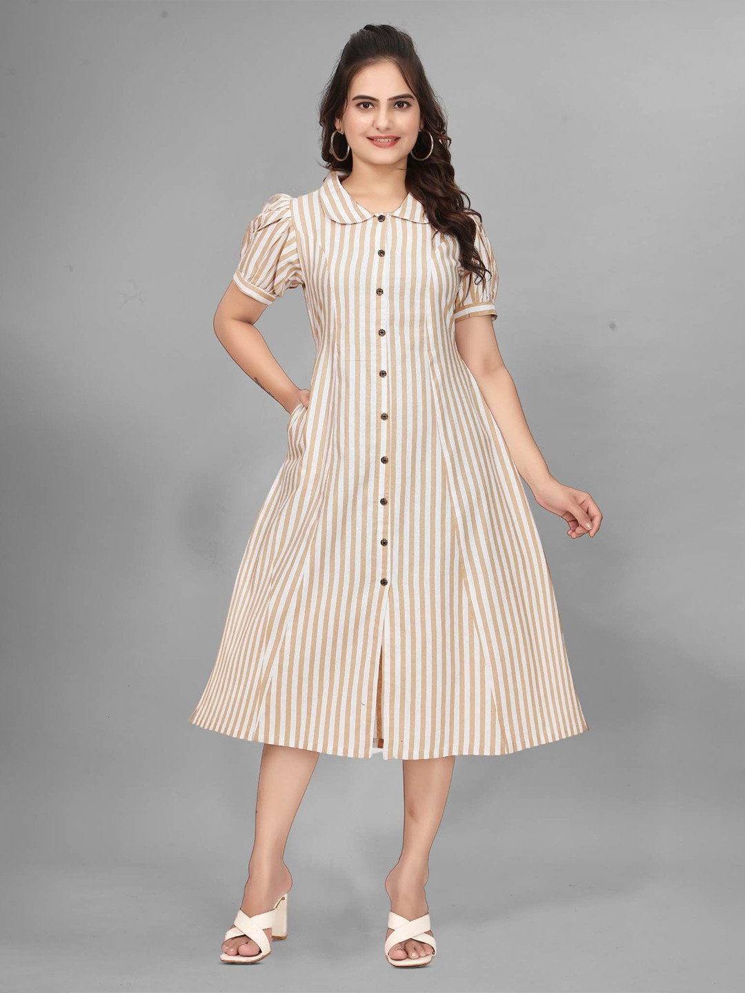 QENA Women Striped Belted A-Line Midi Dress