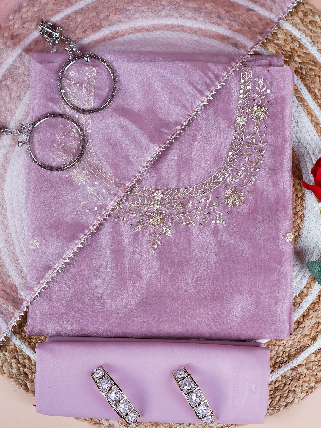 Achrangi Floral Embroidered Beads & Stones Organza Unstitched Dress Material