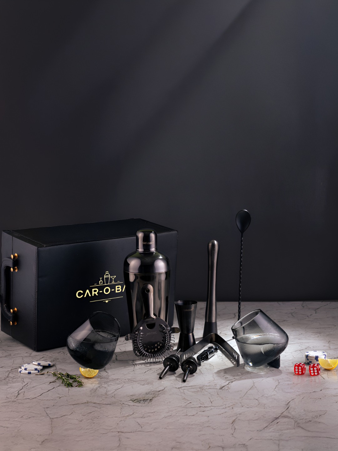 Car-O-Bar Stainless Steel Gun Metal 9 Pieces Barware Tool Sets 750 ML